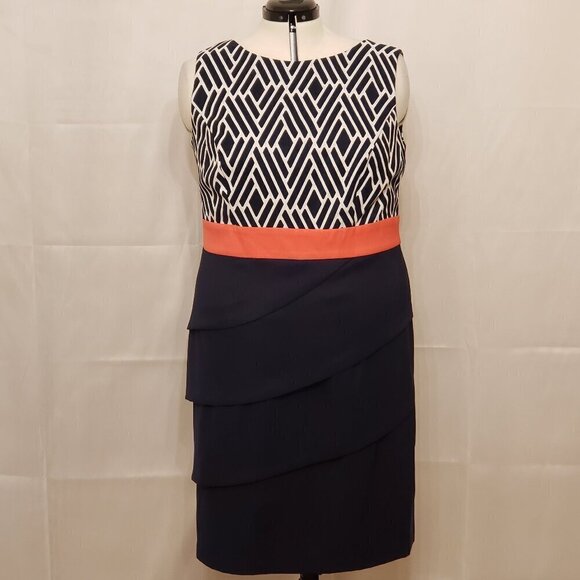 Connected Apparel Multitier Sheath Cocktail Dress in Blue/White/Coral, Size 14W - Picture 2 of 8